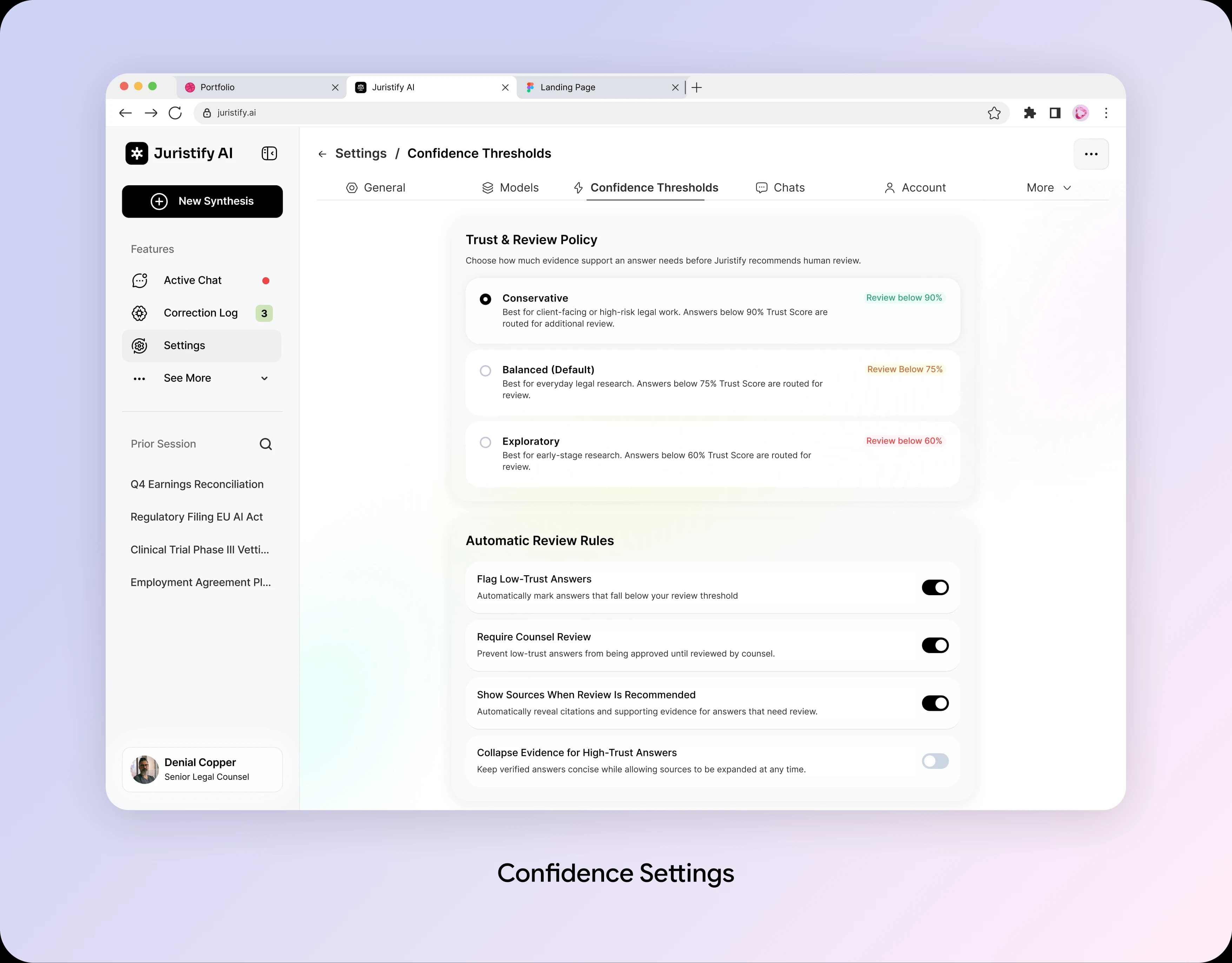 Juristify AI confidence and review settings