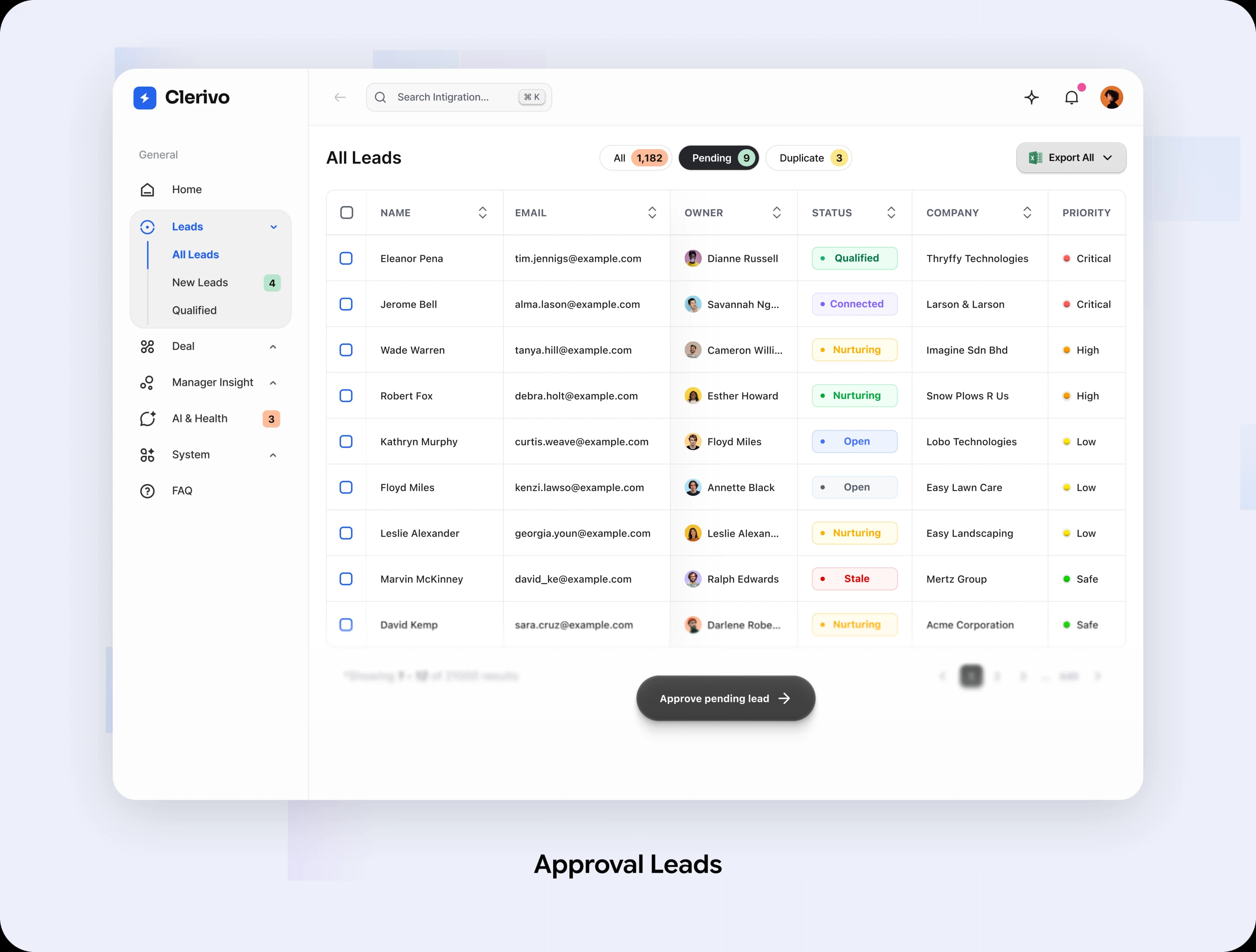 Clerivo data health and lead approval dashboard