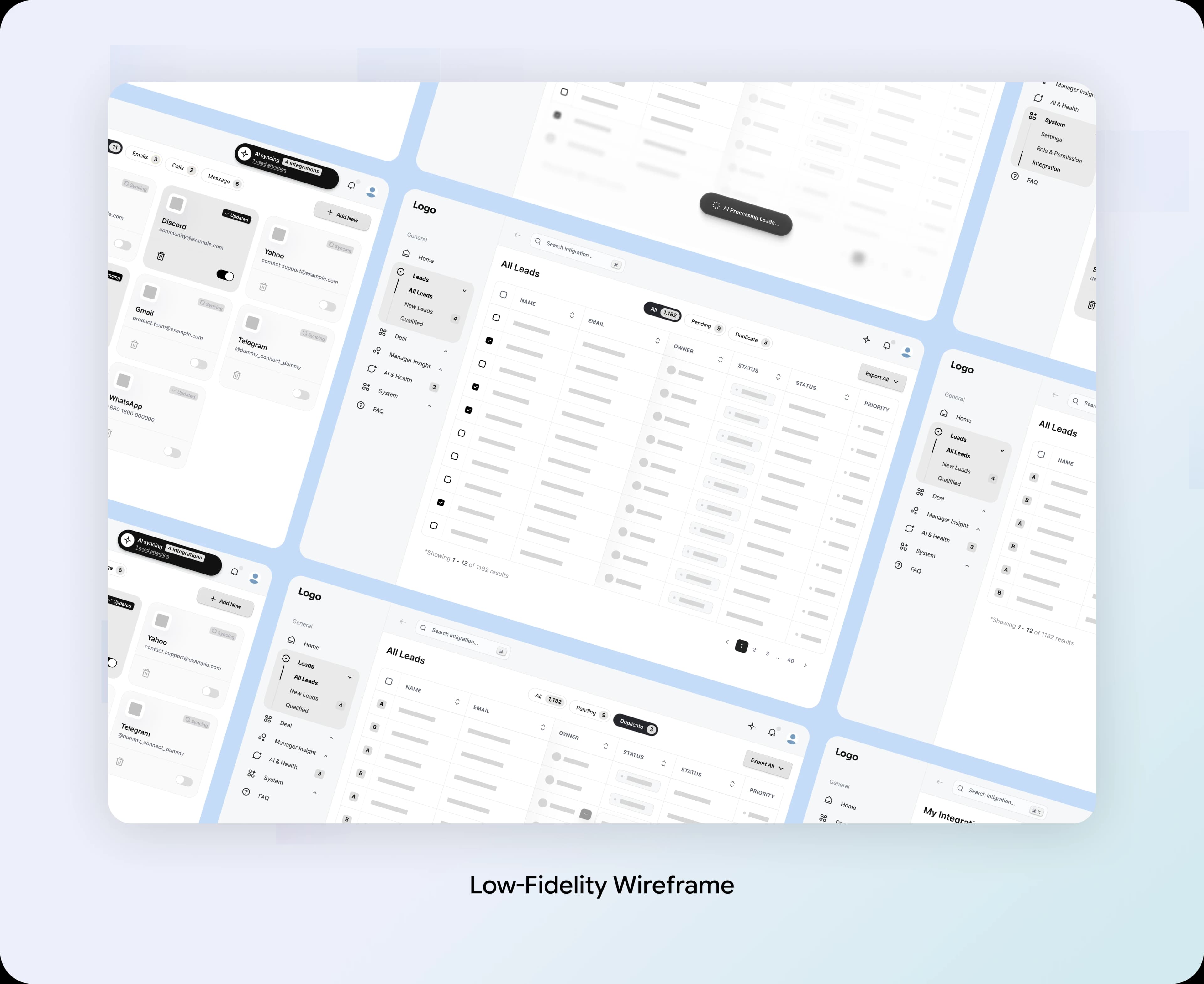 Clerivo low-fidelity CRM wireframes