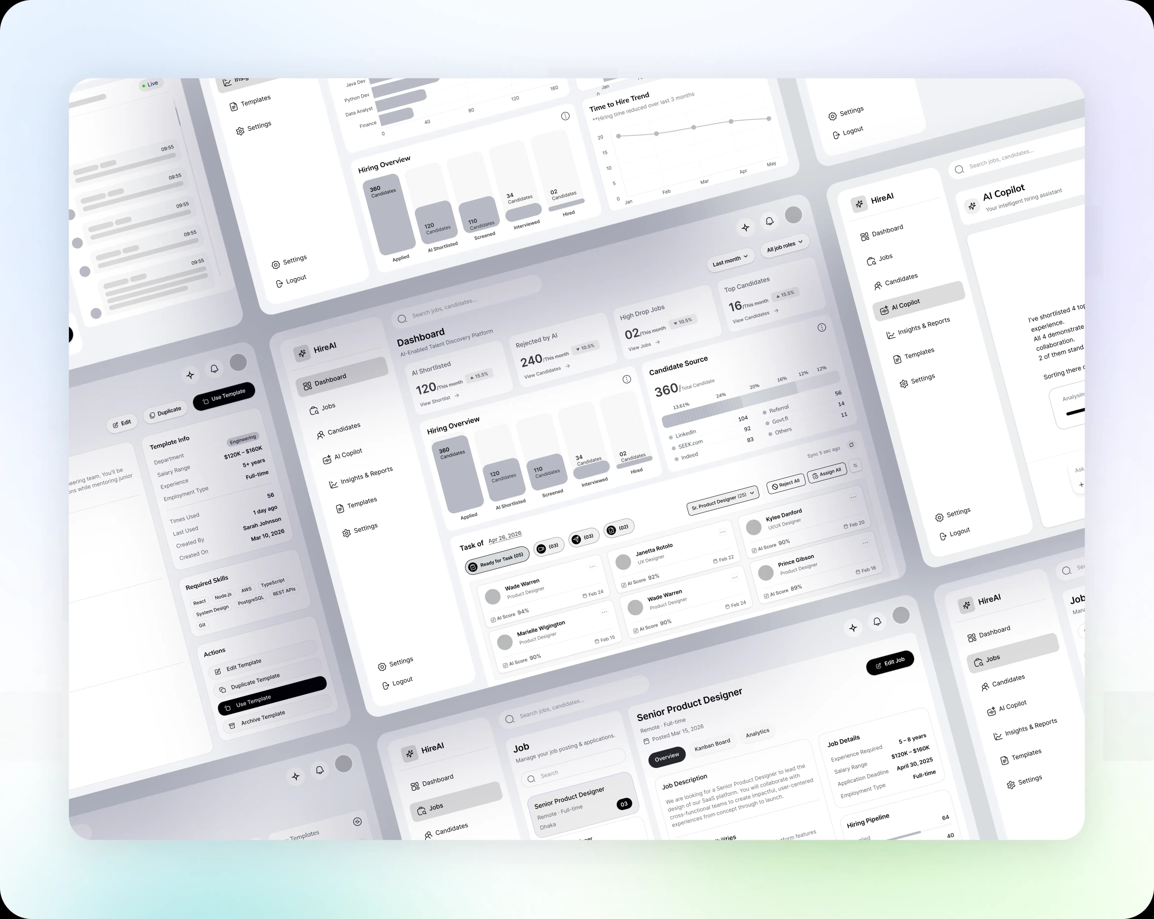 HIREAI low-fidelity recruiter workflow wireframes