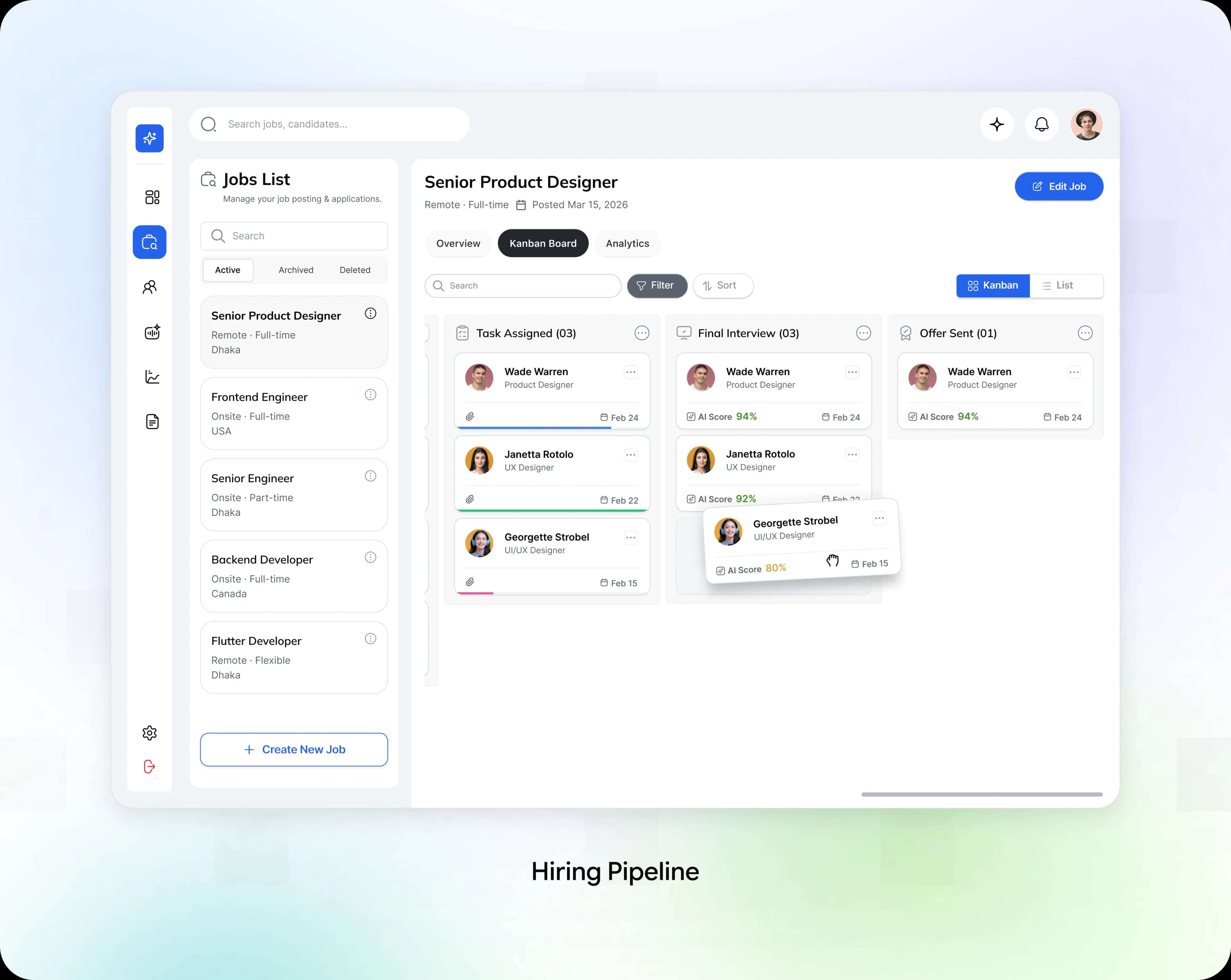 HIREAI hiring pipeline Kanban board